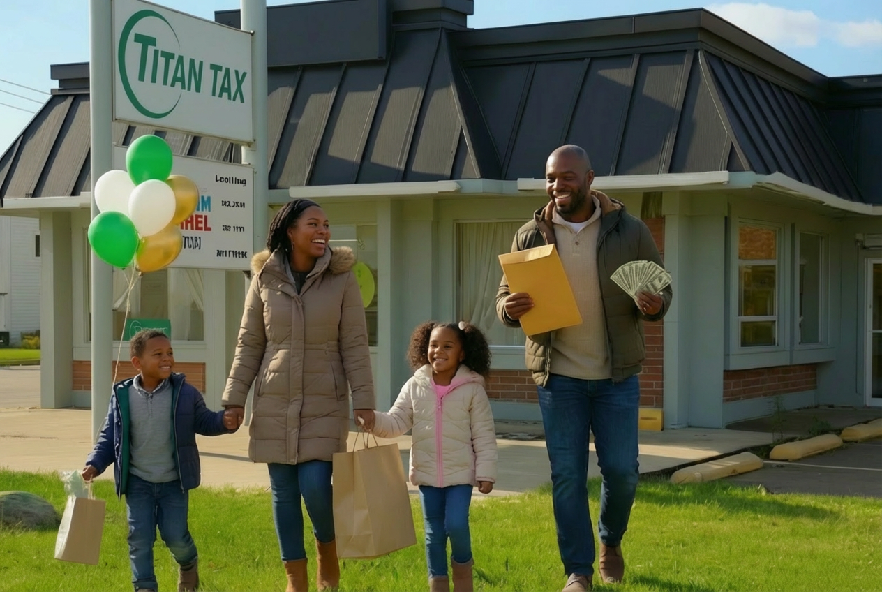 Happy family leaving Titan Tax office after filing their taxes and receiving a cash advance refund