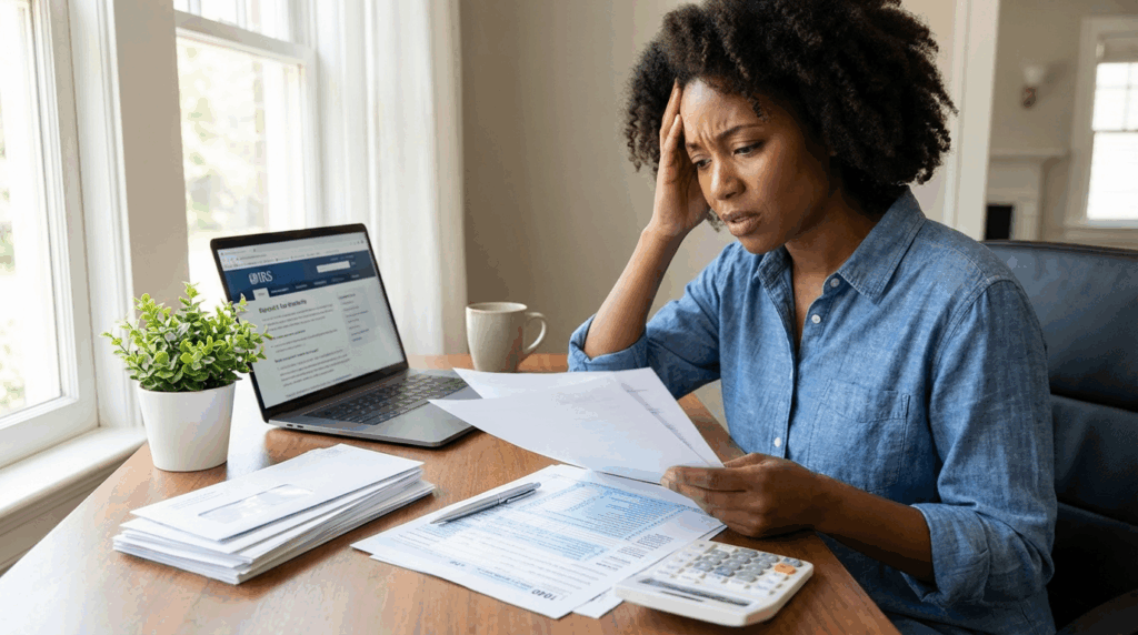 Woman reviewing tax documents at home while looking concerned, with IRS website open on her laptop and refund paperwork spread out on the table.